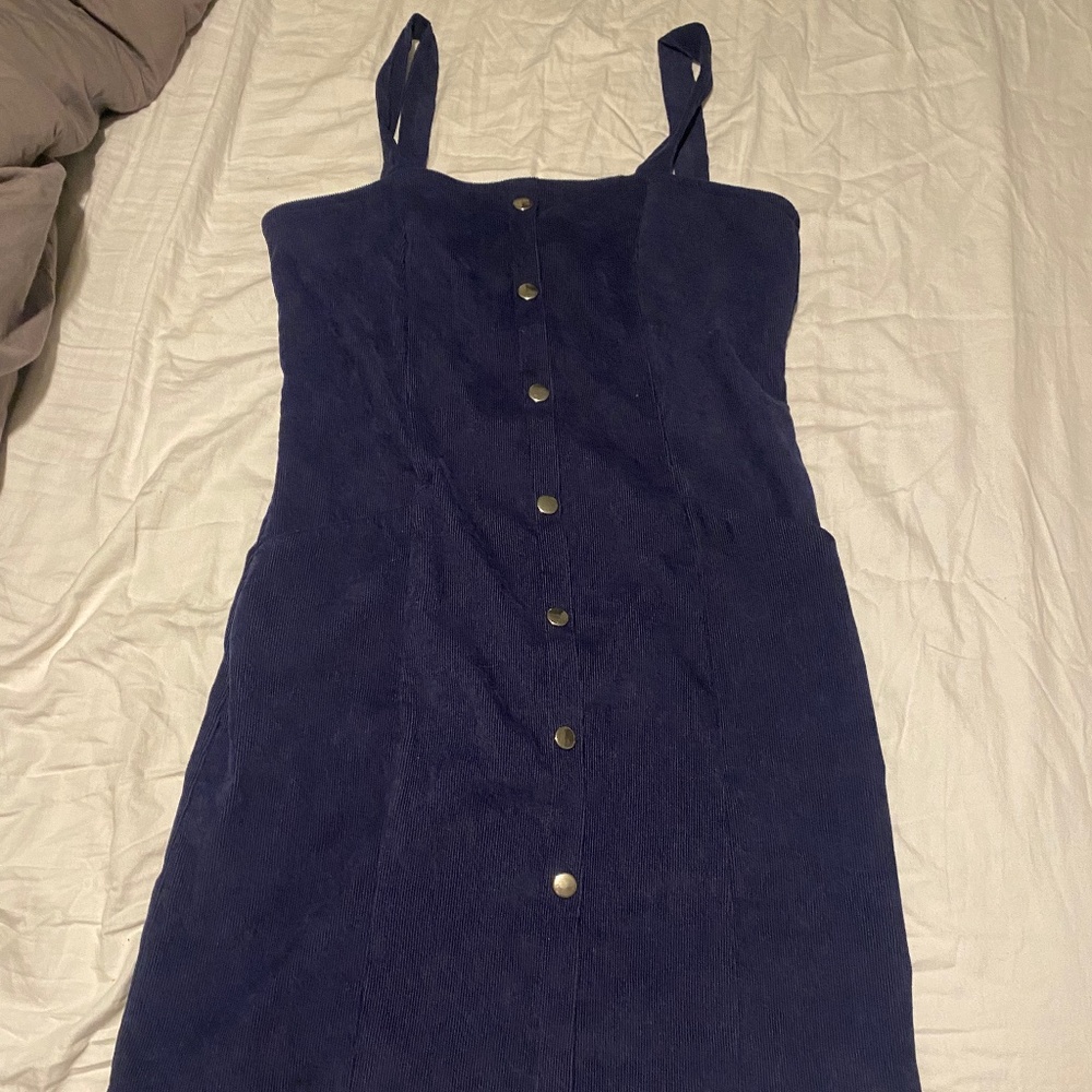 Dark Blue Corduroy Thick Strap Mini Dress With Pockets